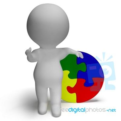 Jigsaw Solution And 3d Character Showing Solution Or Finished Stock Image