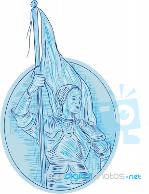 Joan Of Arc Holding Flag Oval Drawing Stock Image