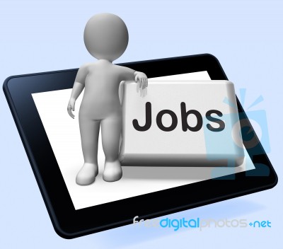 Jobs Button With Character Tablet Shows Hiring Recruitment Onlin… Stock Image