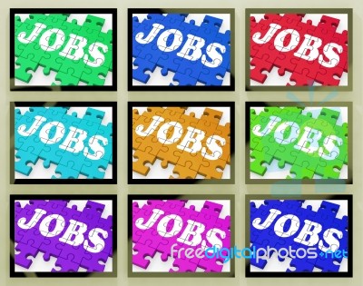 Jobs On Monitors Shows Working Opportunities Stock Image