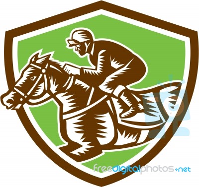 Jockey Horse Racing Shield Retro Woodcut Stock Image