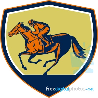 Jockey Horse Racing Shield Woodcut Stock Image