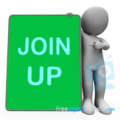 Join Up Tablet Character Shows Subscribing Member And Registrati… Stock Image