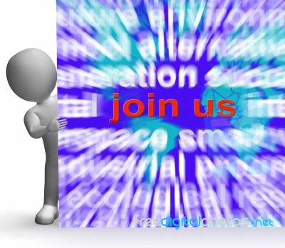 Join Us Word Cloud Sign Shows Joining Membership Register Stock Image