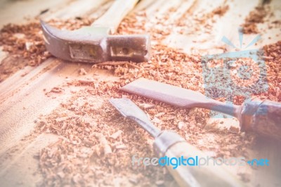 Joiner Tools On Wood Table Background.made With Color Filters, Stock Photo