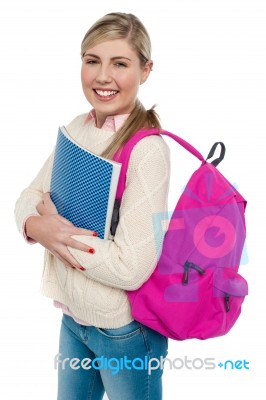 Joyful College Student Posing With Pink Backpack Stock Photo