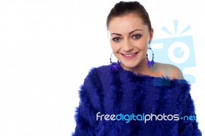 Joyous Girl In Bright Trendy Off Shoulder Top Stock Photo