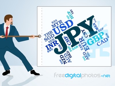 Jpy Currency Means Worldwide Trading And Coinage Stock Image