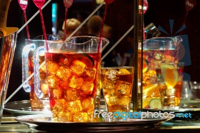 Jugs Of A Fruity Alcoholic Drink Awaiting Collection Stock Photo