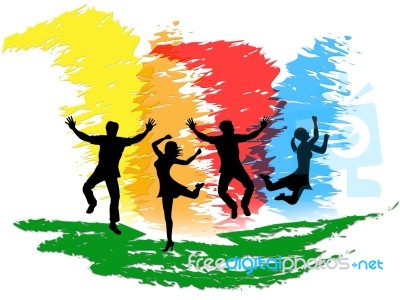 Jumping People Indicates Colorful Active And Happiness Stock Image