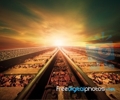 Junction Of Railways Track In Trains Station Agains Beautiful Li… Stock Photo