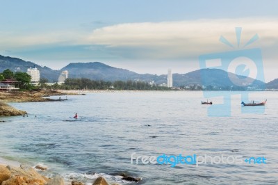 Kalim Beach And Patong Beach On Twilight Cloudy Day, Phuket, Tha… Stock Photo