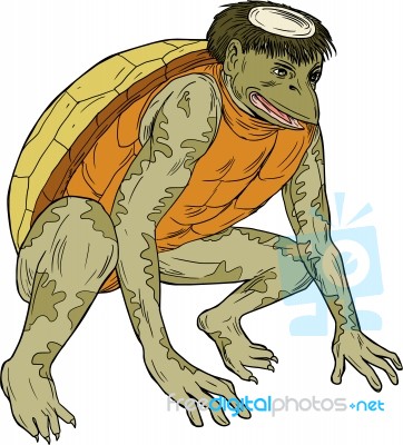 Kappa Monster Crouching Drawing Stock Image