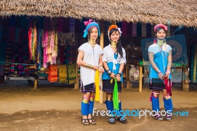 Karen Tribal Girls From Padaung Long Neck Hill Tribe Village Stock Photo