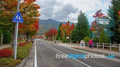 Kawaguchiko Main Street At Autumn Stock Photo