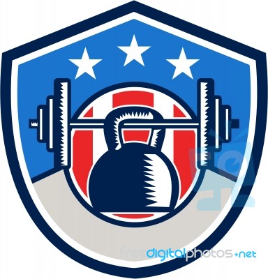 Kettlebell Hanging Barbell Usa Flag Crest Retro Stock Image