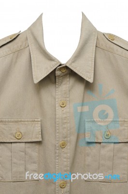 Khaki Uniform Shirt With Twin Pocket Isolated On White Stock Photo