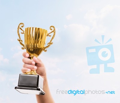 Kid Holding The Golden Trophy Stock Photo