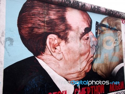 Kiss Between Brezhnev And Honecker Painting On Berlin Wall Stock Photo