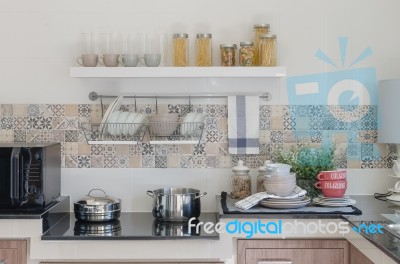 Kitchen Counter With Utensil Prepared For Cooking Stock Photo