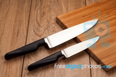 Kitchen Knives On Wood Stock Photo