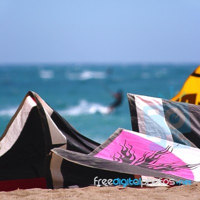 Kite Surfing From Shore Stock Photo