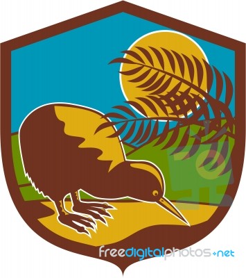 Kiwi Bird Moon Fern Mountain Shield Retro Stock Image