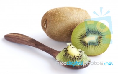 Kiwi Fruit In Wood Spoon Stock Photo