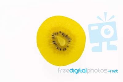 Kiwi Slices Into Half On White Background Stock Photo