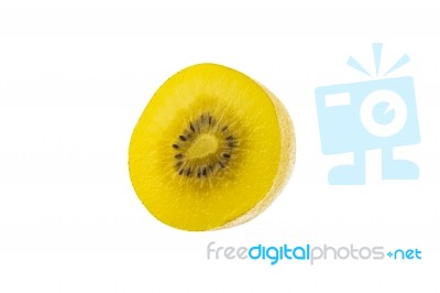 Kiwi Slices Into Half On White Background Stock Photo