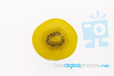 Kiwi Slices Into Half On White Background Stock Photo