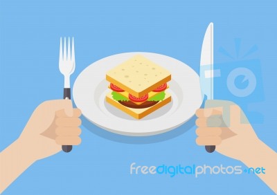 Knife And Fork Cutlery In Hands With Sandwich Stock Image