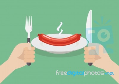 Knife And Fork Cutlery In Hands With Sausage Stock Image