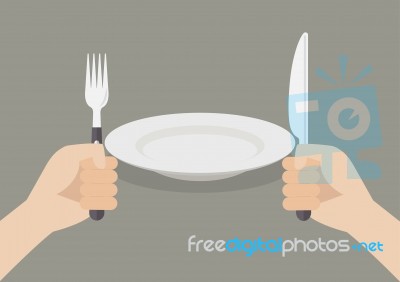 Knife And Fork Cutlery In Hands With White Plate Stock Image