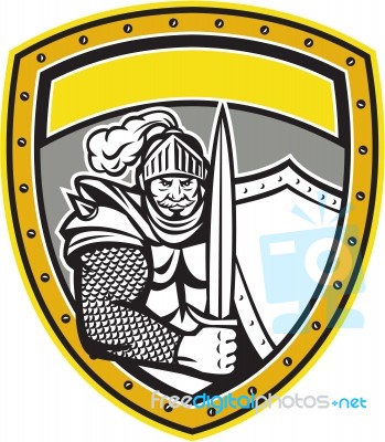 Knight Full Armor Open Visor Sword Shield Crest Retro Stock Image