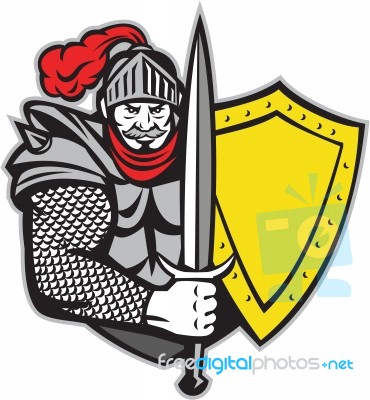 Knight Full Armor Open Visor Sword Shield Retro Stock Image