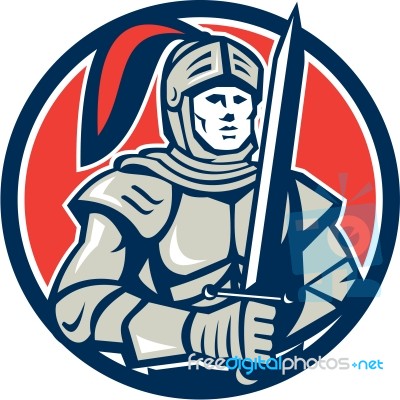 Knight Full Armor With Sword Circle Retro Stock Image