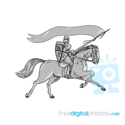 Knight Riding Horse Shield Lance Flag Retro Stock Image