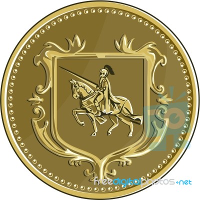 Knight Riding Steed Lance Coat Of Arms Medallion Retro Stock Image