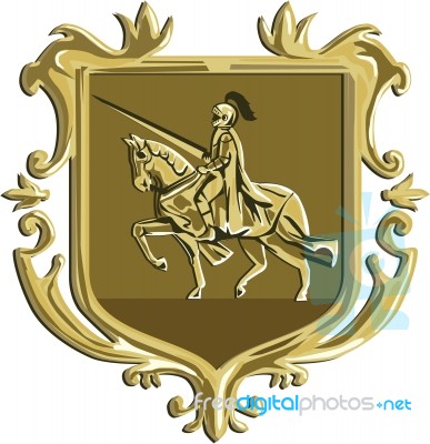 Knight Riding Steed Lance Coat Of Arms Retro Stock Image