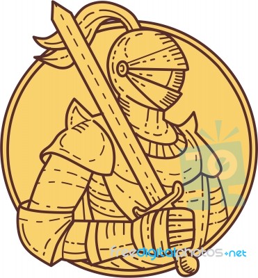 Knight Sword On Shoulder Circle Mono Line Stock Image