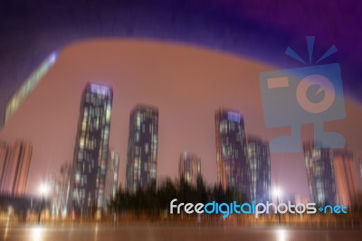 Korea Cityscape At Night With Blur Motion Stock Photo