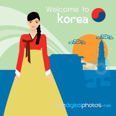 Korea Women National Dress And Background   Design Stock Image