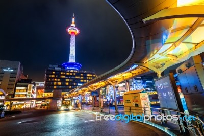 Kyoto Tower At Night In Kyoto, Japan Stock Photo