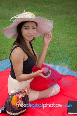 Lady And Picnic Stock Photo