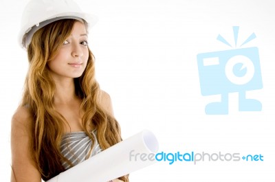 Lady Architect Wearing Helmet Stock Photo