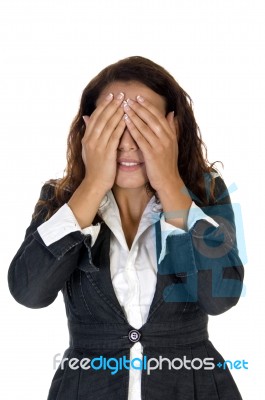 Lady Closing Eyes With Hands Stock Photo