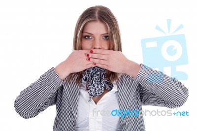 Lady Covering Her Mouth With Hands Stock Photo