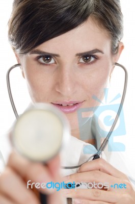 Lady Doctor Posing With Stethoscope Stock Photo