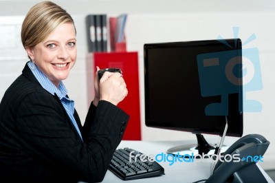 Lady Enjoying Coffee Break Stock Photo